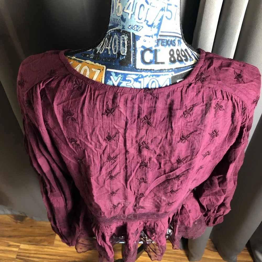 Free People Boho Hippy Floral Embroidered Sheer Paneling Long Sleeve Blouse - Picture 5 of 12